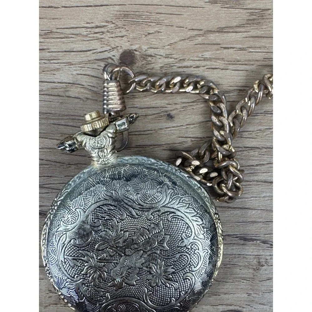 Azur Pocket Watch Gold Tone Vintage Car Embossed Quartz Chain